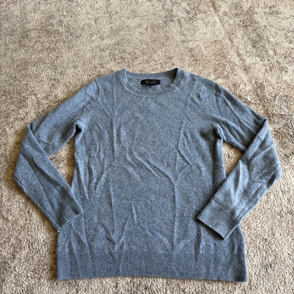Tahari 100% Cashmere V Neck Sweater Sz S Teal Blue Preppy Quiet Luxury Classic‎